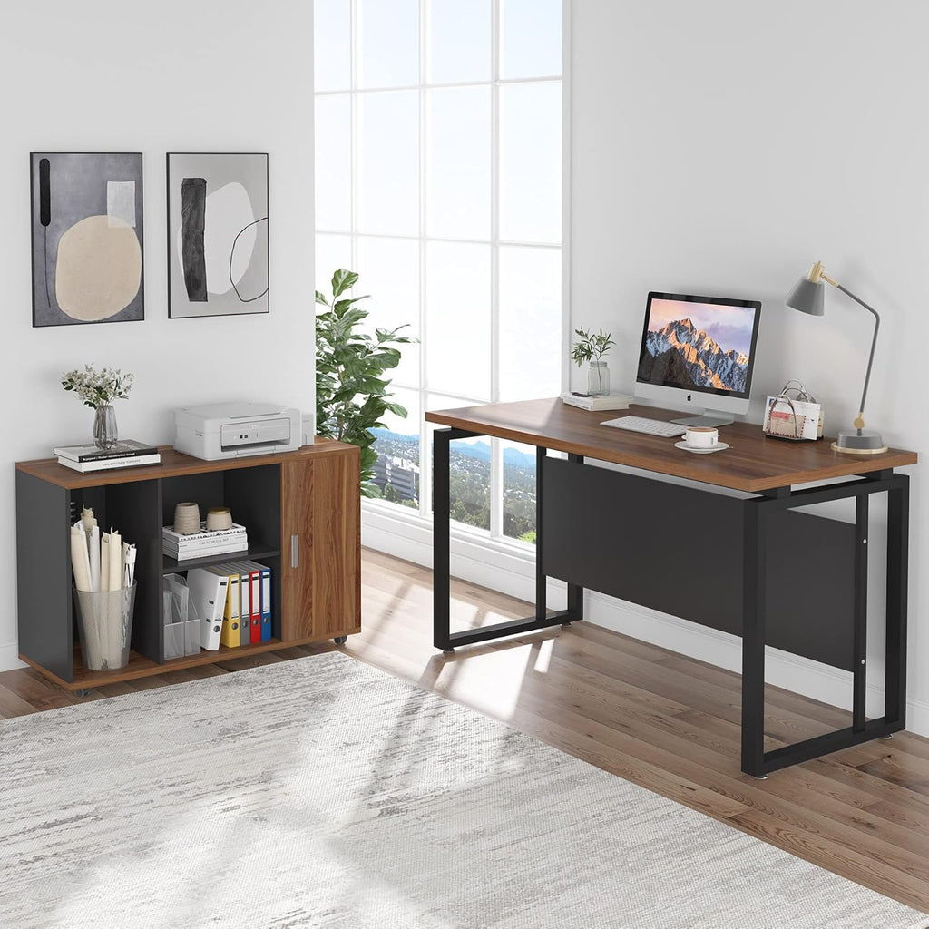 Dark Walnut Steel Gray L Shaped Desk with Storage Shelves and File Cabinet Q7142