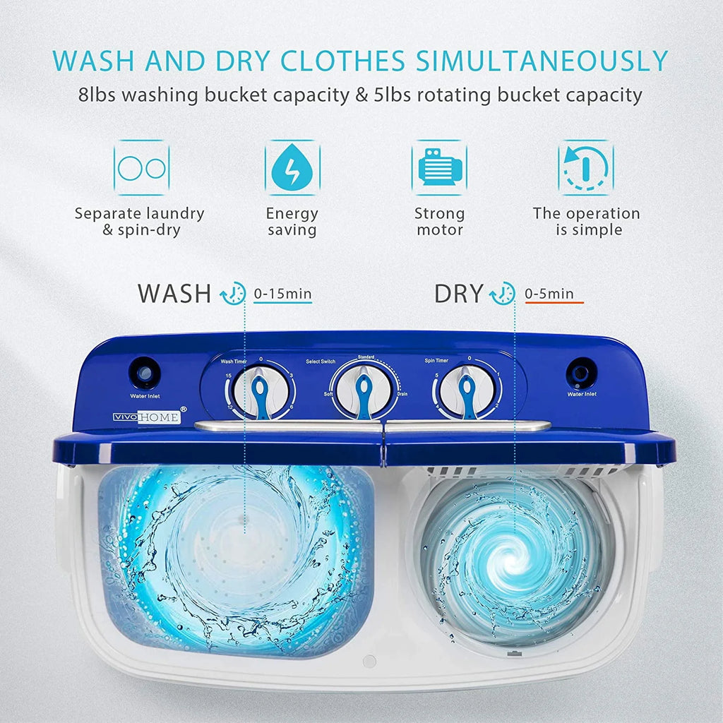 Portable 2 in 1 Twin Tub Mini Laundry Washer and Spin Dryer Combo 13.5lbs Black & White D88673