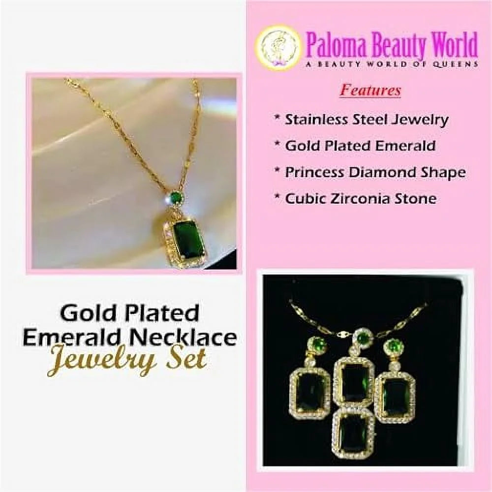 3Pcs/Set Iced Out Cubic Zirconia Green Gemstone Ring Necklace Earrings Gold Plated Jewelry Sets Q3103