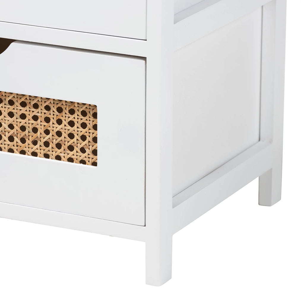 Light Beige Fabric White Wood 3-Drawer Storage Bench with Natural Rattan B357