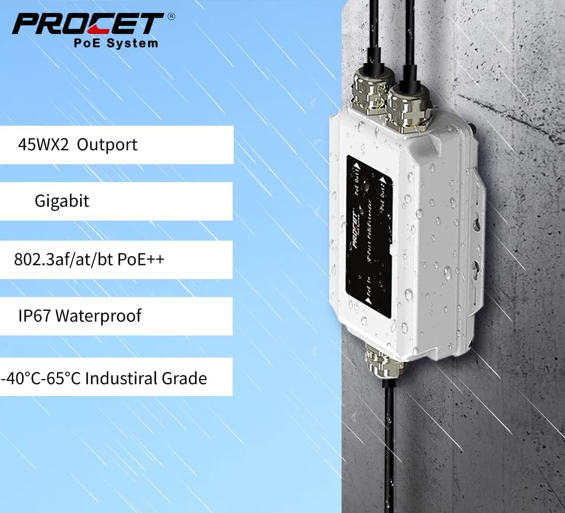 2 Port Outdoor Gigabit PoE Extender Repeater, 45W*2 PoE Output, Aluminium Housing IP67 Waterproof F876155