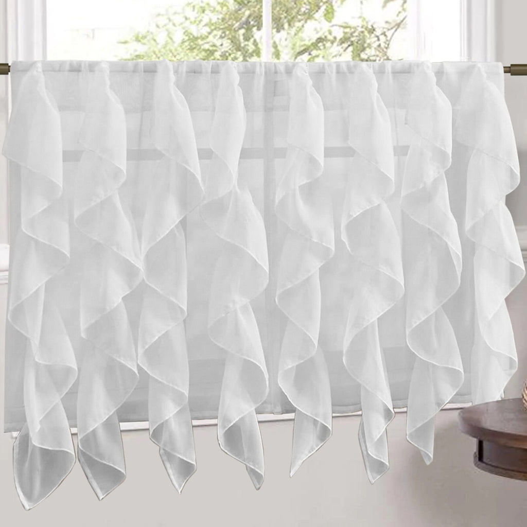 White Vertical Ruffled Waterfall Valances and Curtain Tiers 24" tier pair T6802