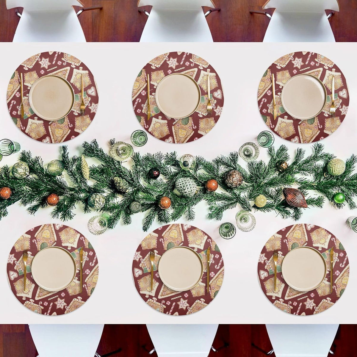 Christmas Gingerbread House Round Placemats Set of 6 Non-Slip PVC Washable Heat Resistant 15.4 Inch U1486