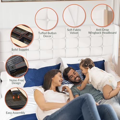 Queen Size White Velvet Upholstered Platform Bed Frame with 4 Storage Drawers Z4355