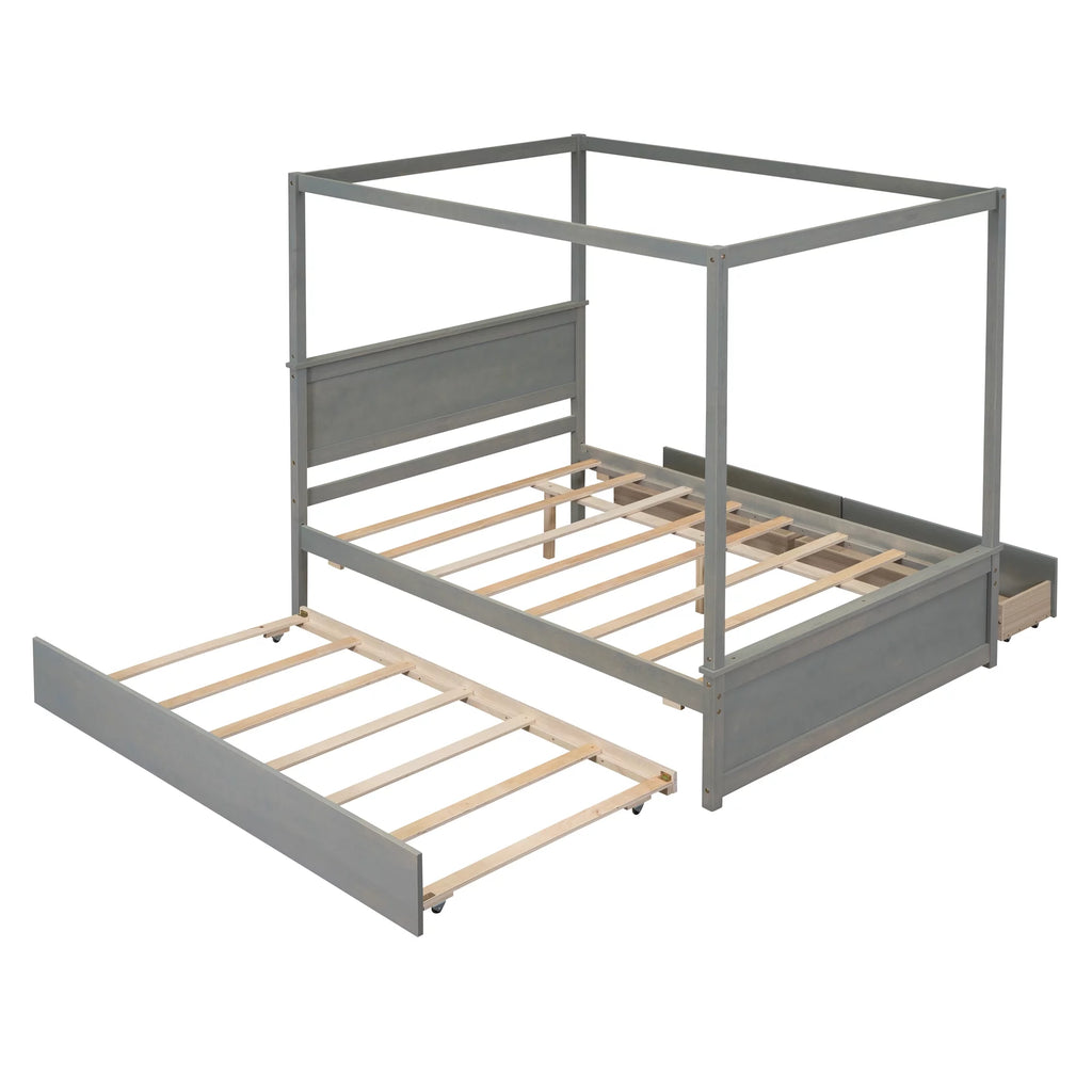 Gray Full Size Canopy Bed Frame with Trundle and 2 Storage Drawers B867