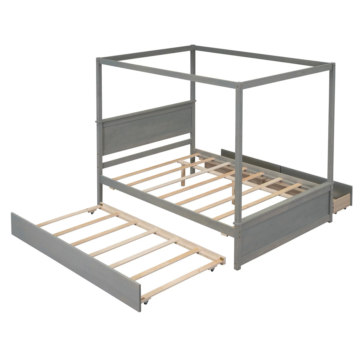 Gray Full Size Canopy Bed Frame with Trundle and 2 Storage Drawers B867