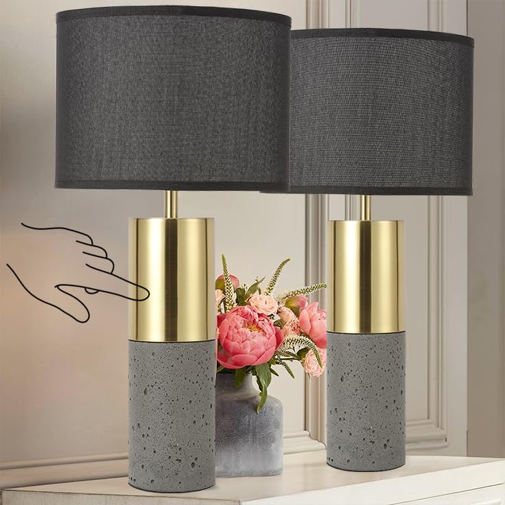24" Tall Black Gold Set of 2 Concrete Touch Control Table Lamps T768