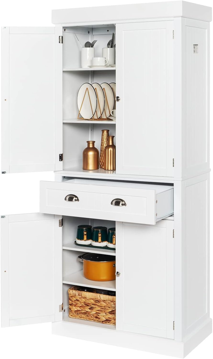 White 72" Tall Freestanding Wood Pantry Cabinet with Doors and Shelves U824