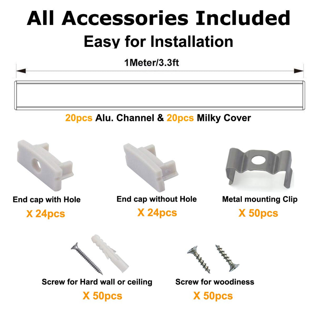 20-Pack 3.3ft U Shape LED Aluminum Channel System with Milky Cover, End Caps and Mounting Clips K660