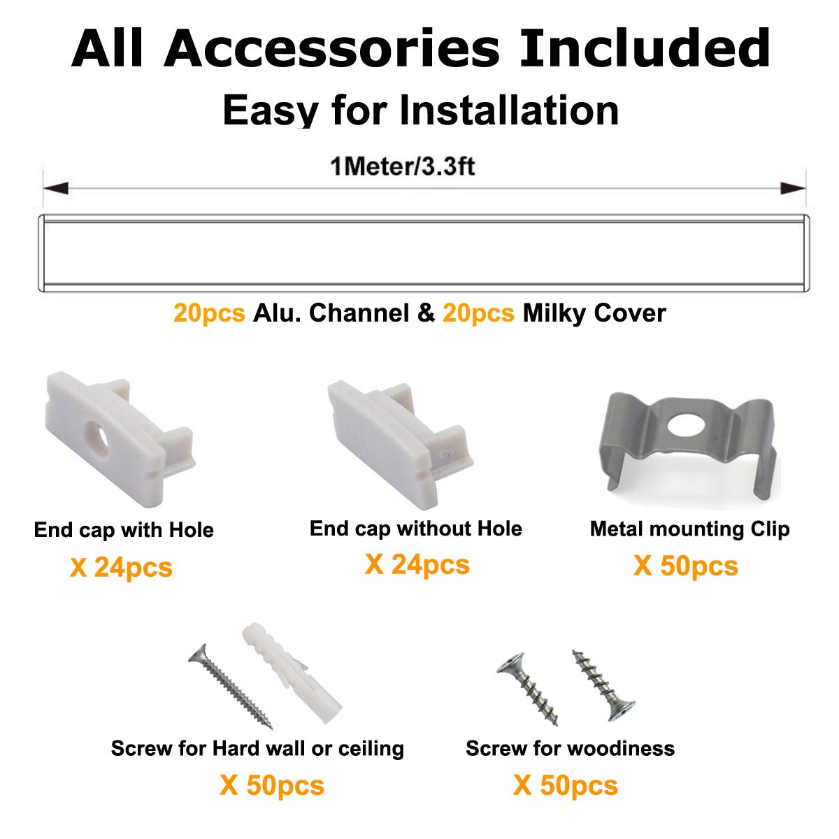 20-Pack 3.3ft U Shape LED Aluminum Channel System with Milky Cover, End Caps and Mounting Clips K660
