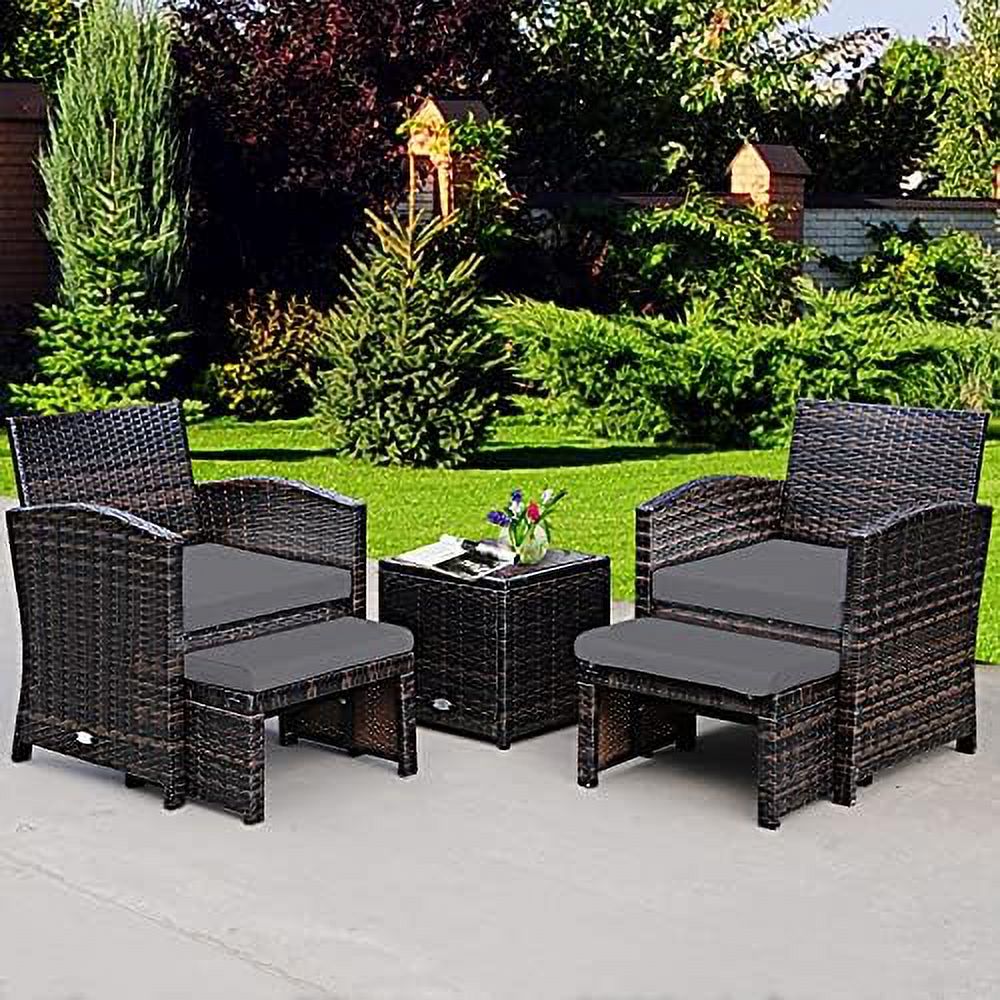 Patio Rattan Conversation Set with Cushioned Chair & Ottoman & Tempered Glass Coffee Table Y632
