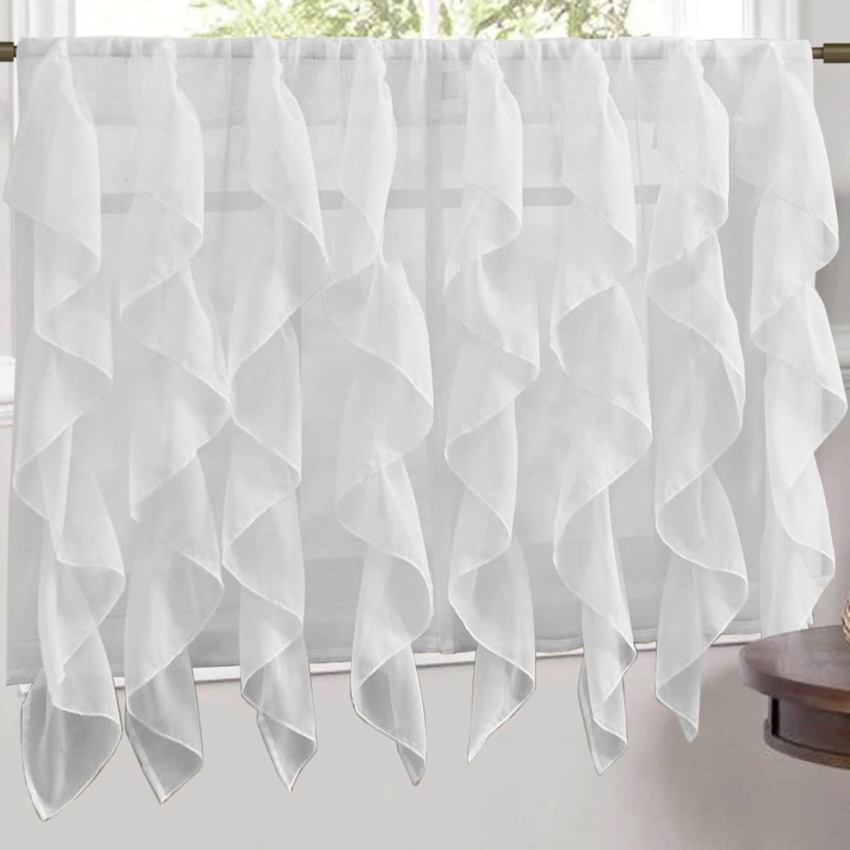 White Vertical Ruffled Waterfall Valances and Curtain Tiers 24" tier pair T6802