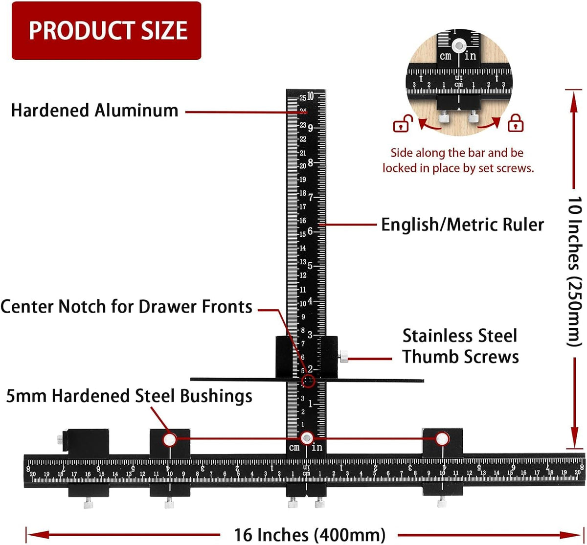 Cabinet Hardware Jig, Aluminum Alloy Handle Template Tool with Automatic Center Punch and 4 Drill Bits L8950