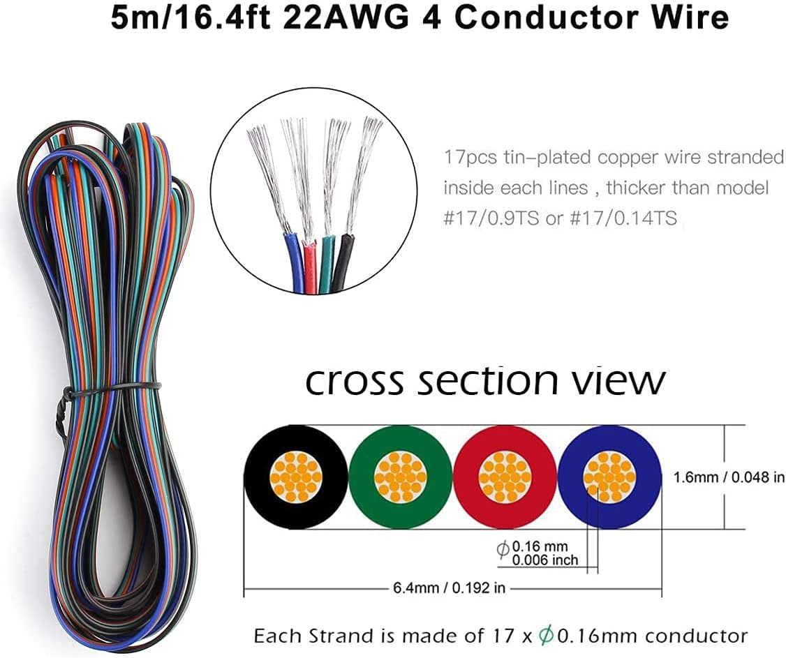 10 Pack 4 Pin LED Connector for 10mm RGB 5050 LED Strip Lights with 16.4ft Extension Cable P1853