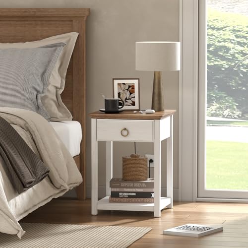 White Solid Wood Square End Table with Drawer X4087