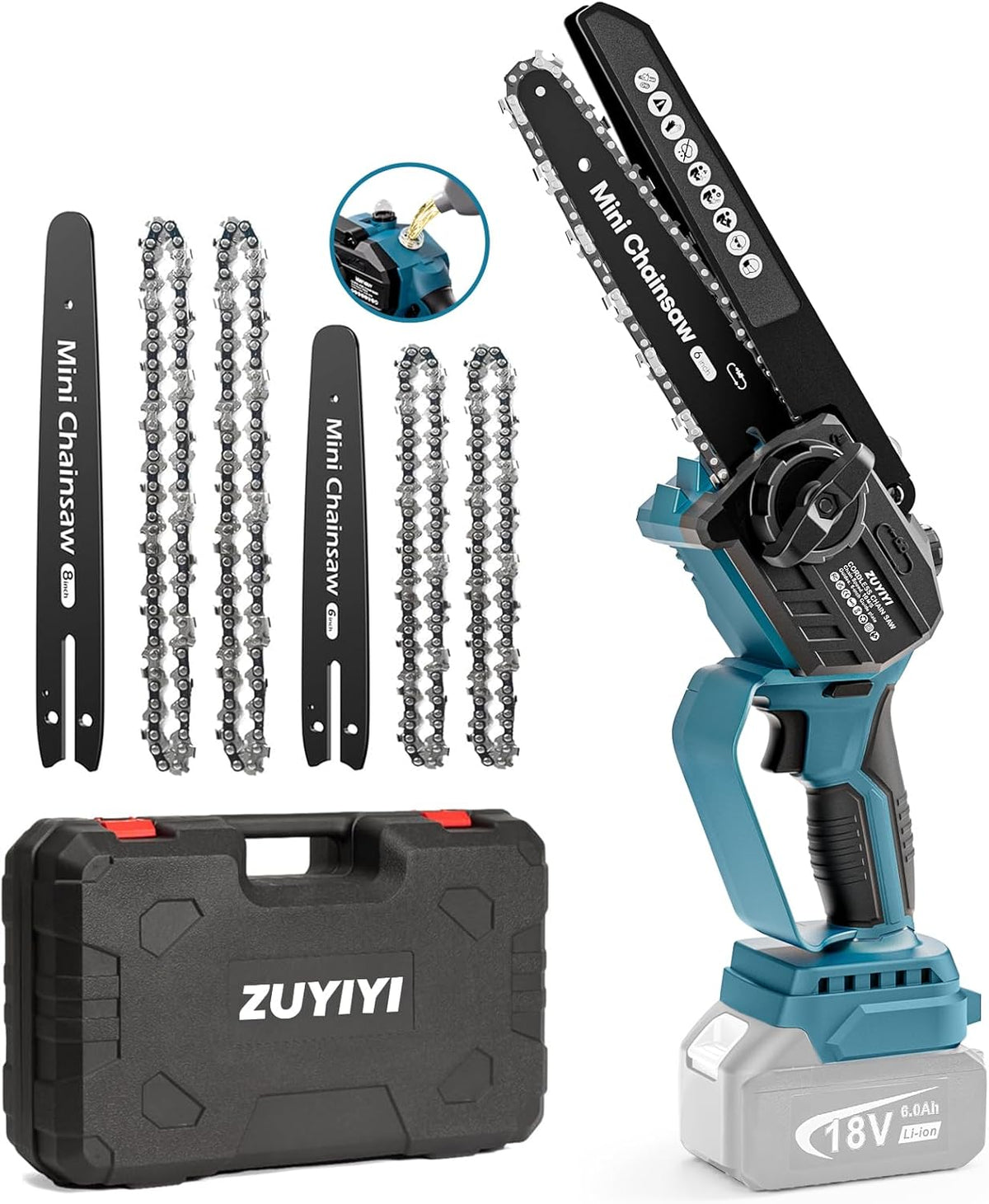 Mini Chainsaw Cordless 6 Inch & 8 Inch Brushless Handheld Chain Saw with Oiler Electric Chainsaw D886402