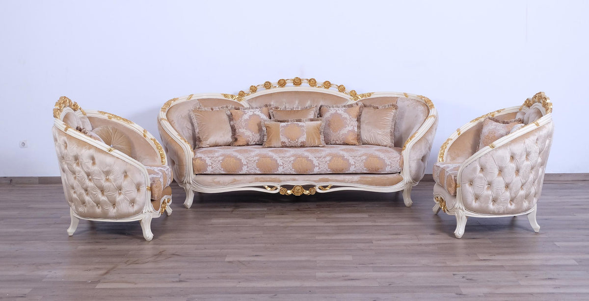 Beige & Gold Wood Trim Sofa Set O634