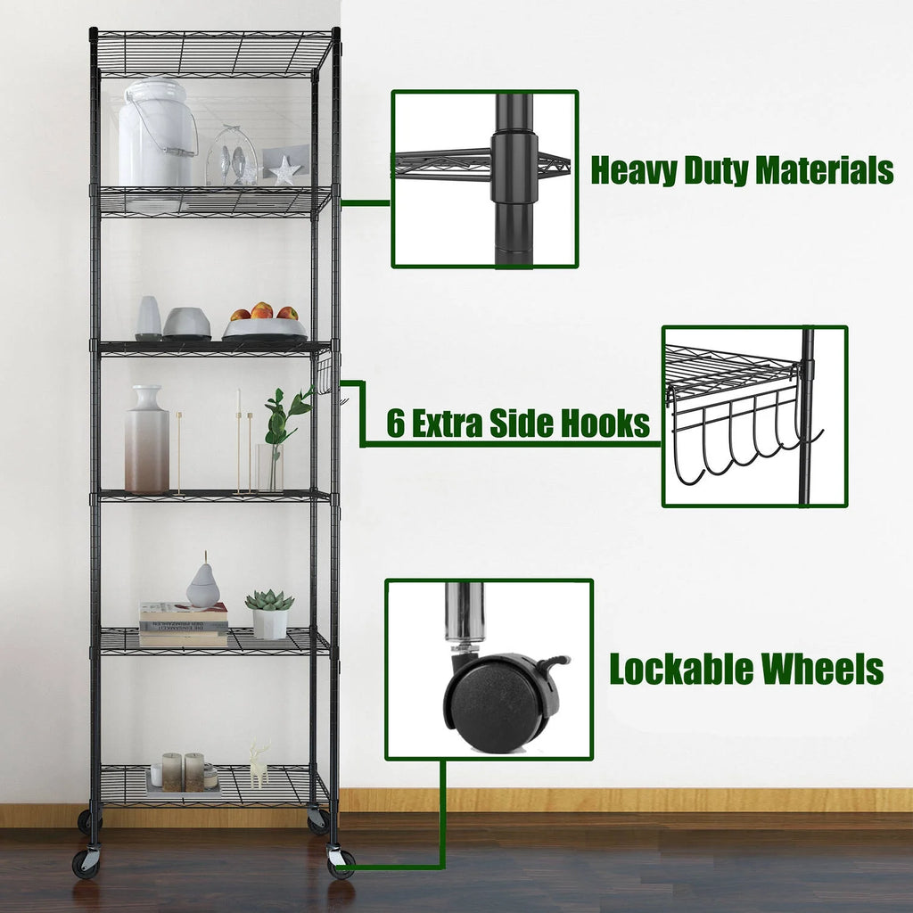 6 Shelves Wire Metal Heavy Duty Shelving Rack with Wheel, Silver V2839