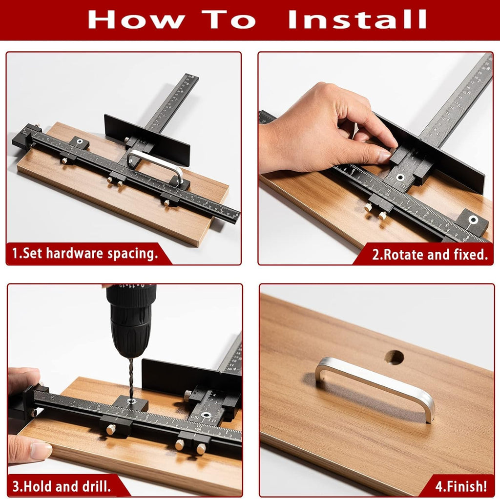 Cabinet Hardware Jig, Aluminum Alloy Handle Template Tool with Automatic Center Punch and 4 Drill Bits L8950