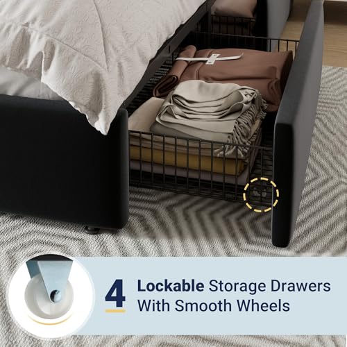 White Full Size Platform Bed Frame with 4 Storage Drawers and Velvet Upholstered Headboard I64265