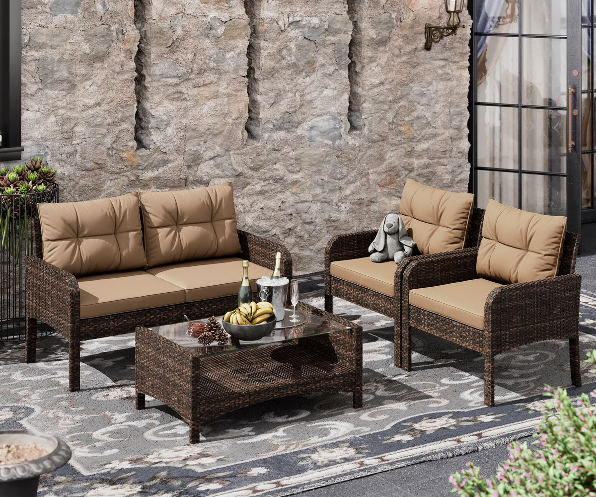 4-Piece Rattan Wicker Sofa Set with Cushions & Coffee Table R192733