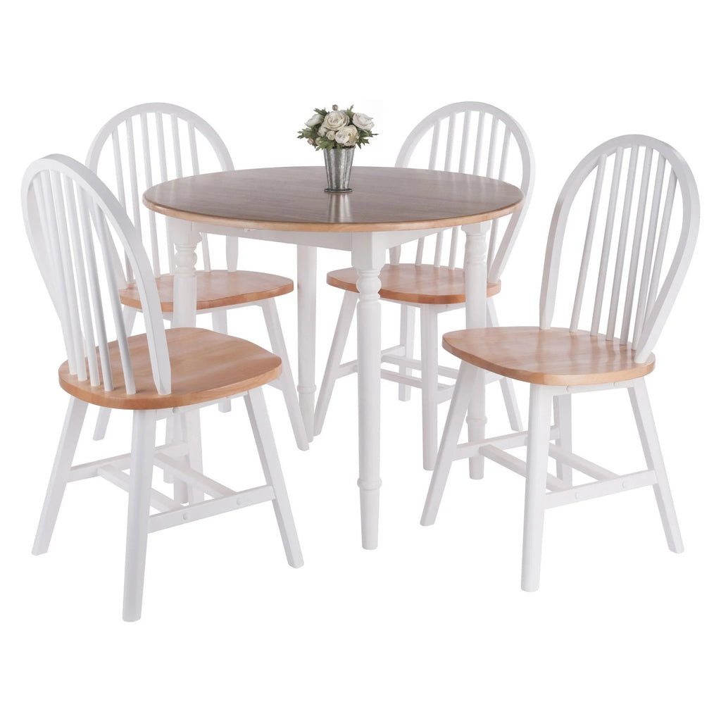 Drop Leaf Dining Table with Chairs Set of 5 Beige and White S4884