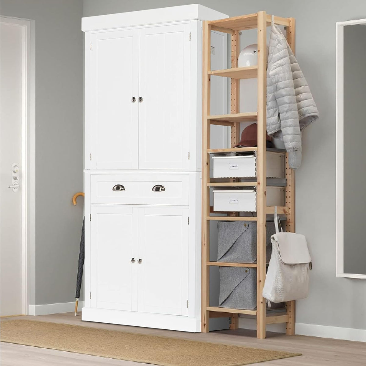 White 72" Tall Freestanding Wood Pantry Cabinet with Doors and Shelves U824