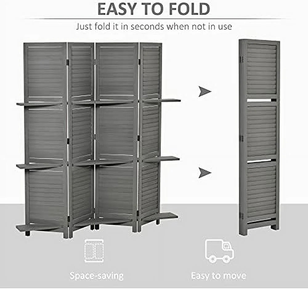 4 Panel Wood Privacy Screen Room Divider with Shelves A2706