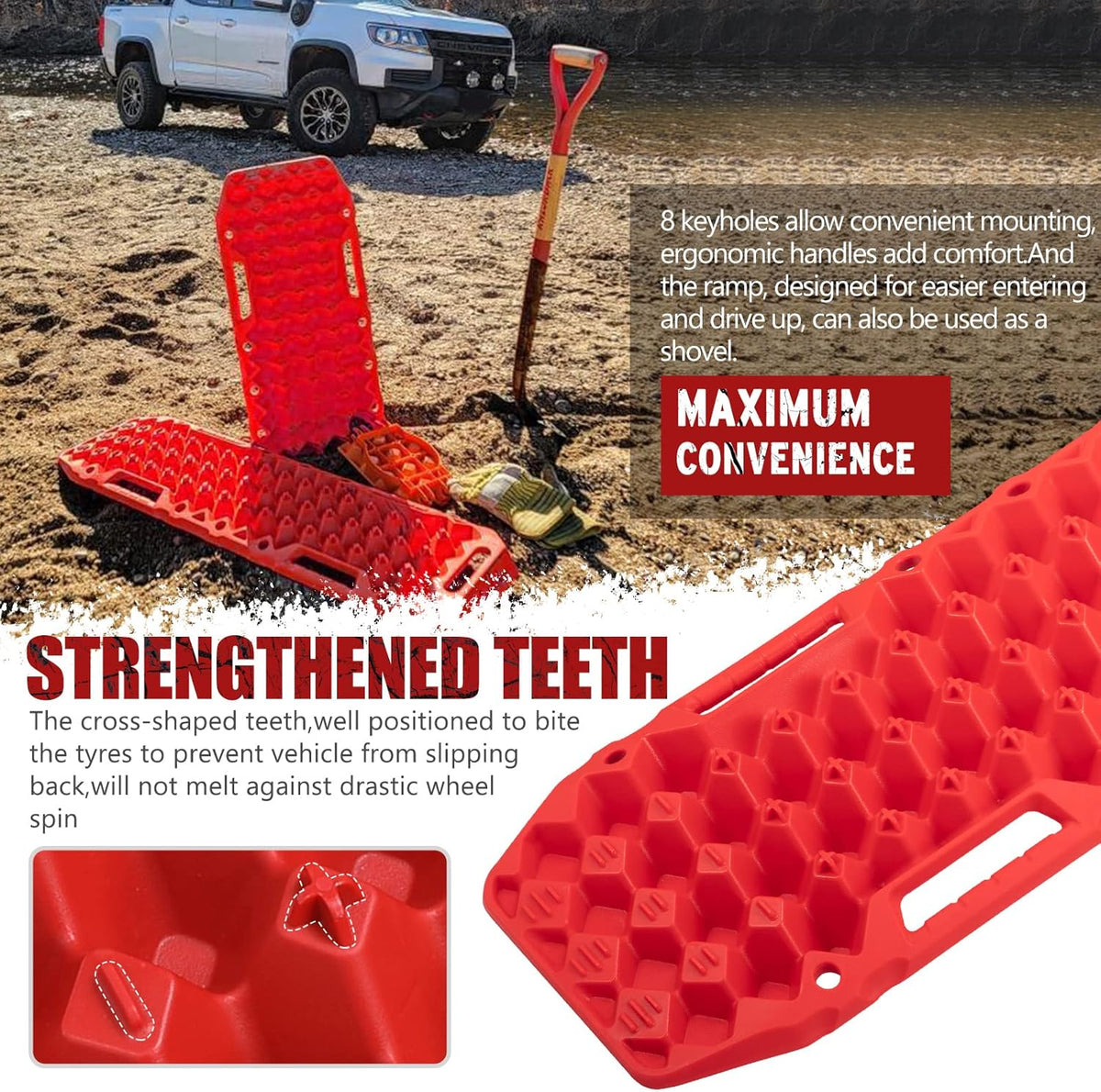 Red Off-Road Traction Boards with Jack Lift Base, 2 Pcs Recovery Track Ramp Traction Mat with Carry Bag L297