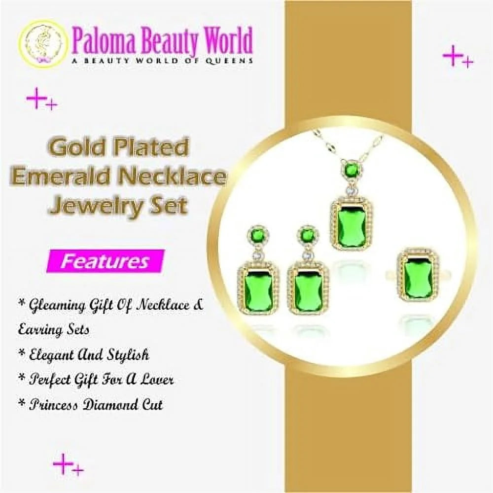 3Pcs/Set Iced Out Cubic Zirconia Green Gemstone Ring Necklace Earrings Gold Plated Jewelry Sets Q3103
