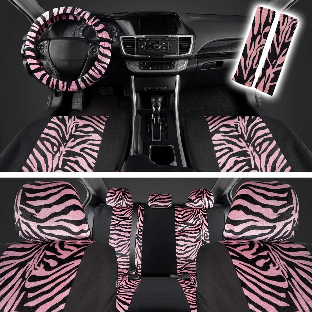 Zebra Print Car Seat Covers Full Set with Seat Belt Pads and Steering Wheel Cover H98746