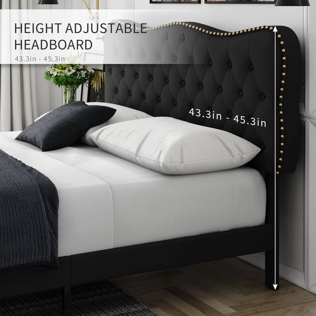 Queen Size Black Linen Upholstered Platform Bed with Adjustable Headboard U254