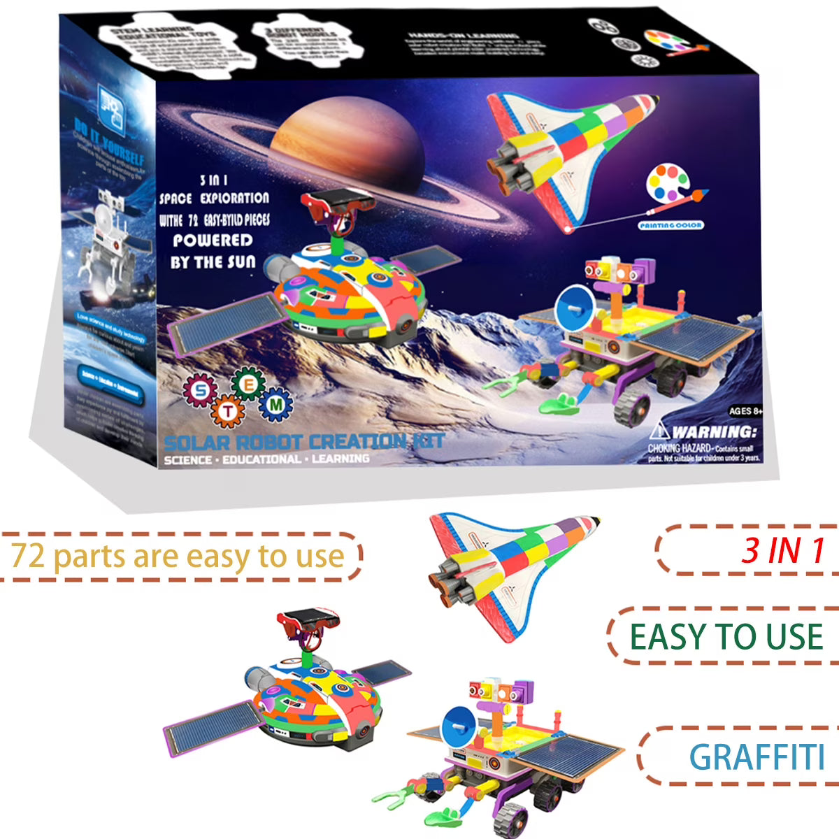 3 In 1 Solar Robot Kit with Paints and Paintbrush DIY Science Experiments Toys P24135