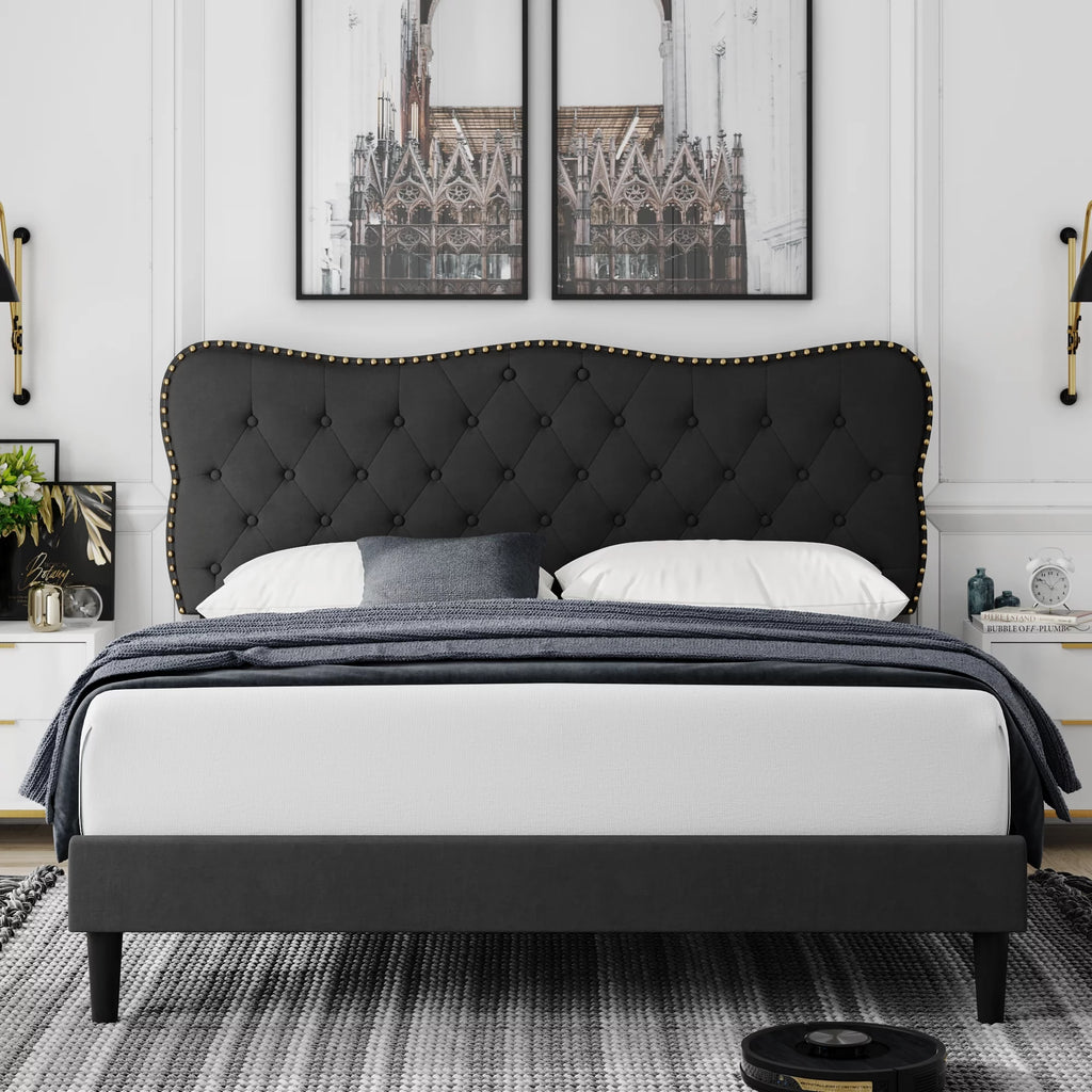 Queen Size Black Linen Upholstered Platform Bed with Adjustable Headboard U254