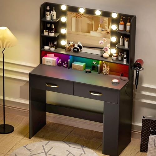 White Vanity Desk with Lighted Mirror and Power Outlet Z5685