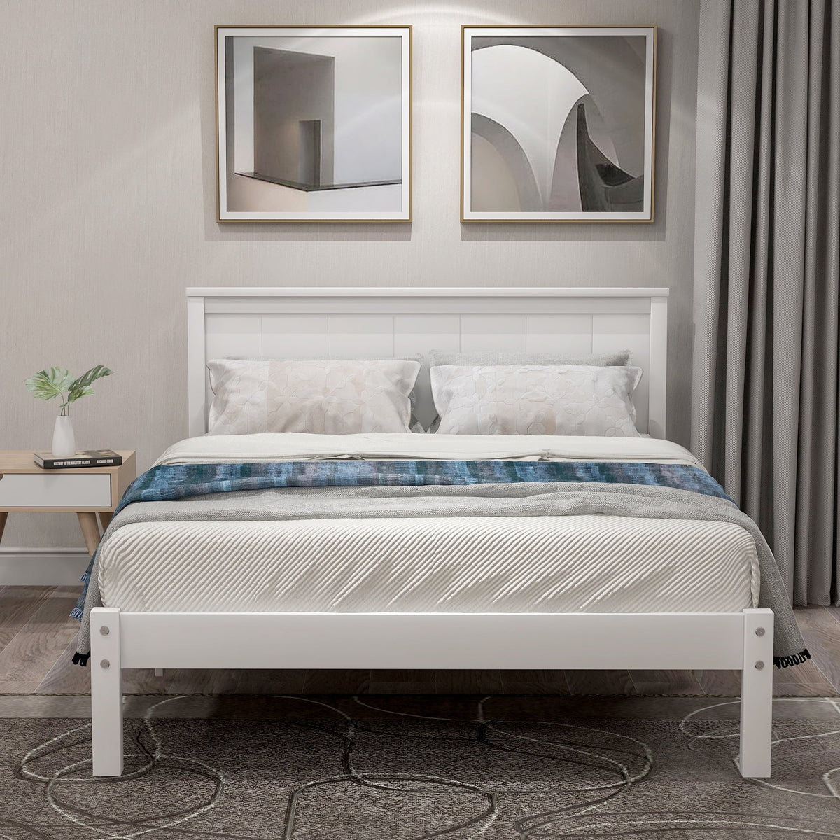 White Twin Wood Platform Bed Frame with Headboard R6870