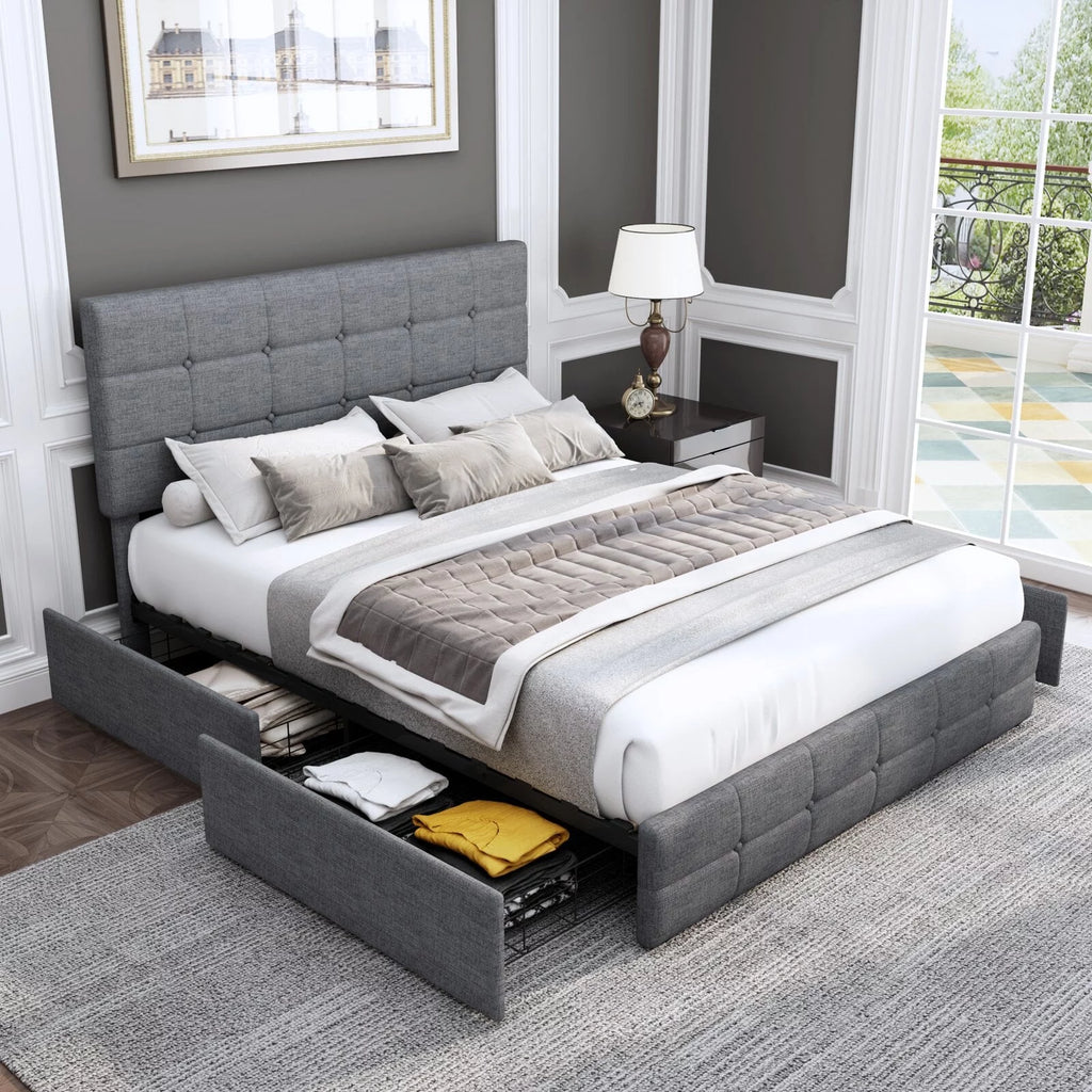 Queen Size 4 Drawer Tufted Upholstered Platform Bed Frame P742493
