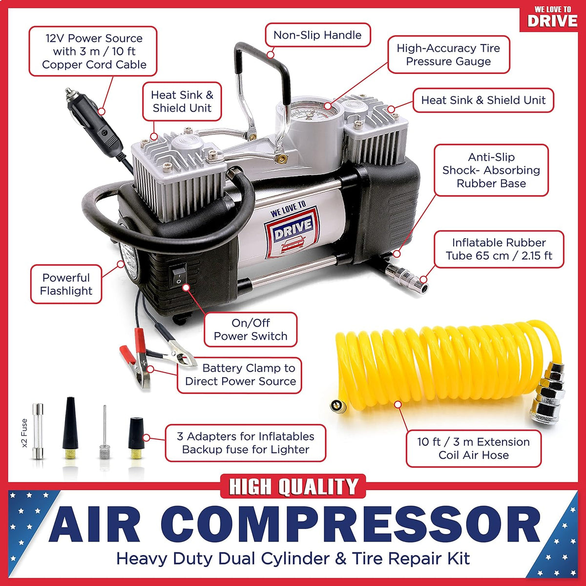 12V DC 150 PSI Portable Air Compressor & Tire Repair Kit with PSI Gauge, Adaptors, Hose, Car Plug, Clip Connectors, Tire Inflator & Tire Patch Kit N332024