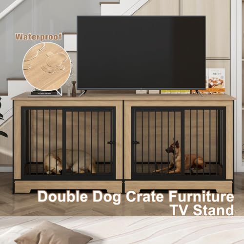 75’’ Double Dog Crate Furniture with Removable Divider & Trays K18344