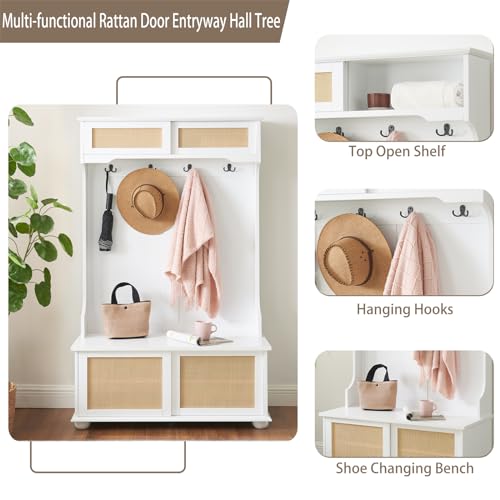 64" 3-in-1 Hall Tree Entryway Four Hooks Rattan Door Shelves Shoe Storage Bench Cabinets with Solid Feet J853