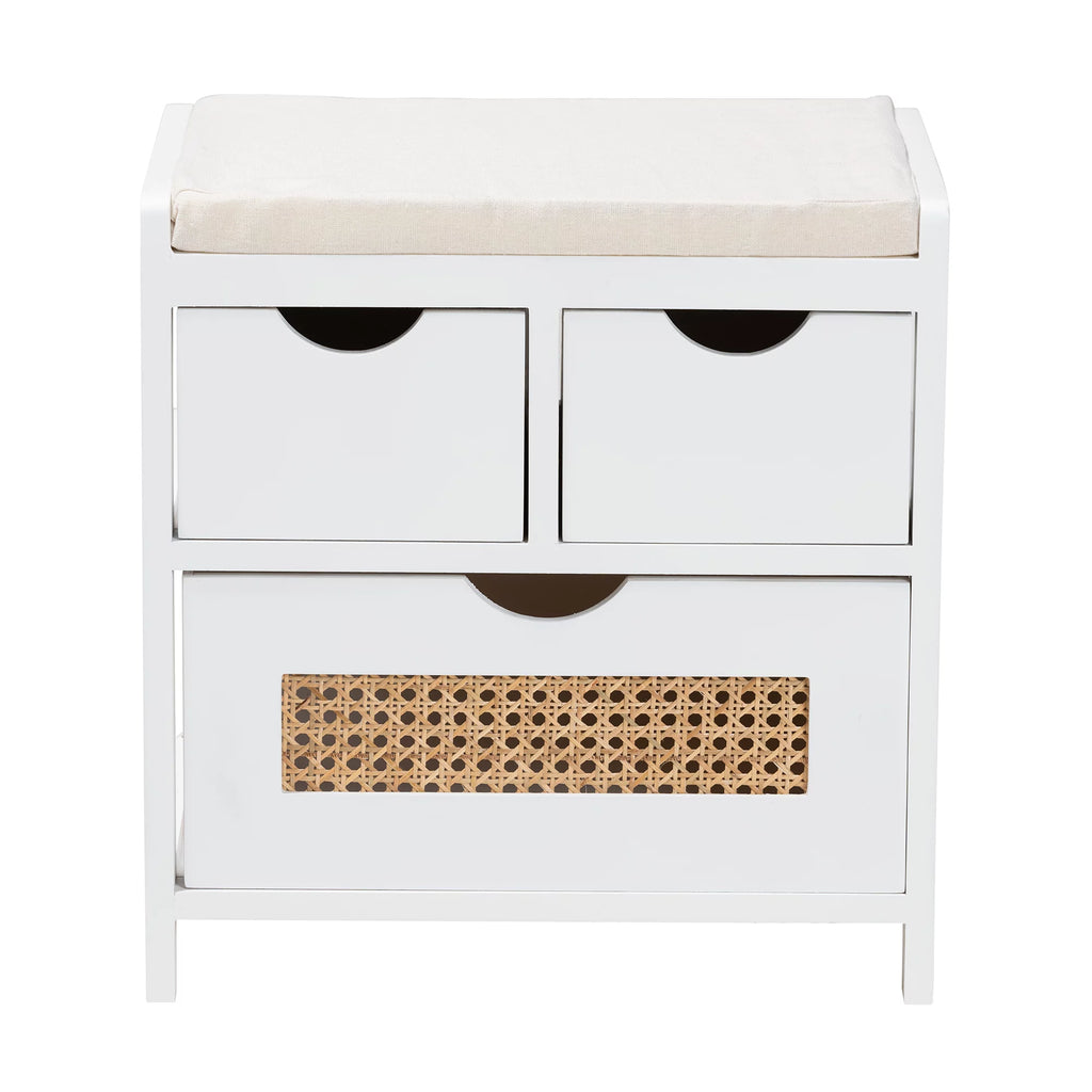 Light Beige Fabric White Wood 3-Drawer Storage Bench with Natural Rattan B357