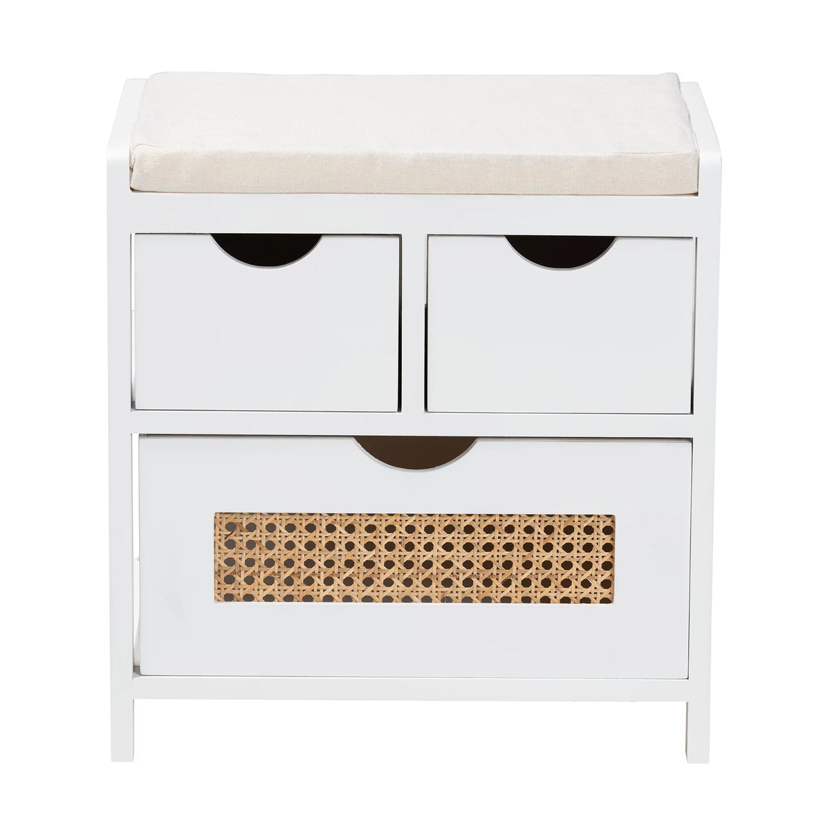 Light Beige Fabric White Wood 3-Drawer Storage Bench with Natural Rattan B357