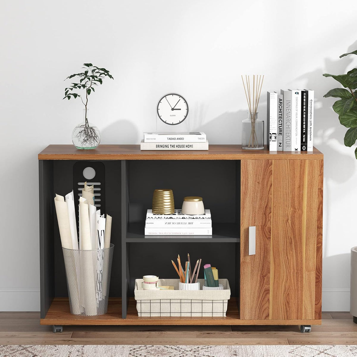 Dark Walnut Steel Gray L Shaped Desk with Storage Shelves and File Cabinet Q7142