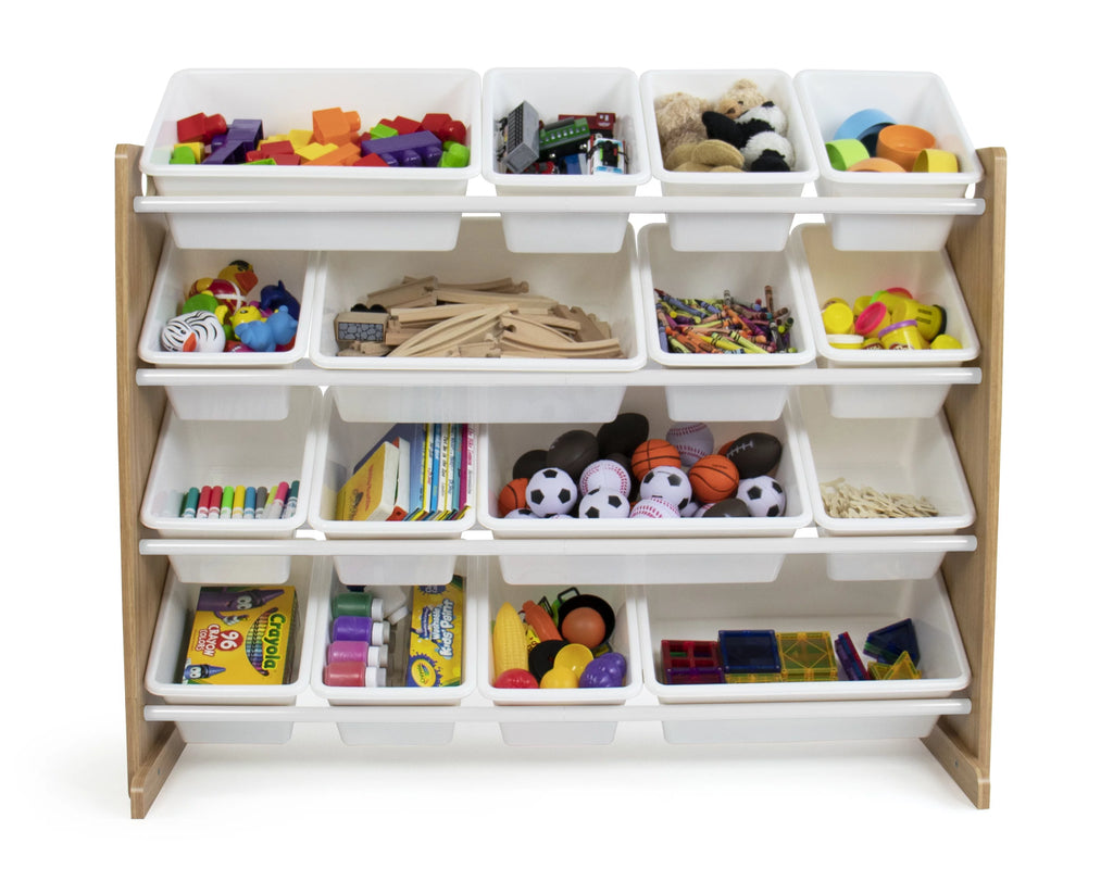 Kids Wood Toy Storage Organizer with 16 White Plastic Bins O402