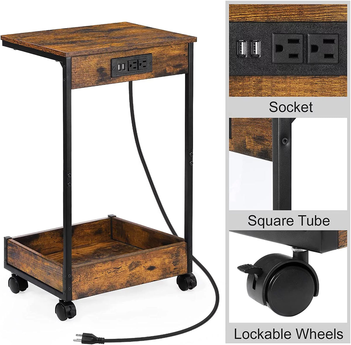 C-Shaped Rolling End Table with Charging Station J82298
