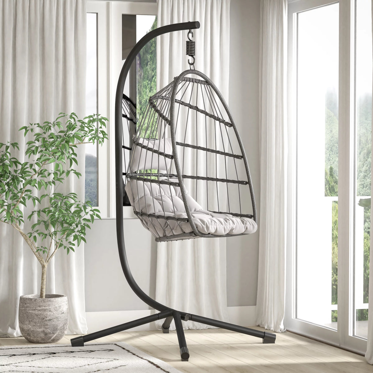 Heavy Duty All-Weather Hanging Hammock Chair C-Stand with Steel Offset Base, Black K684676