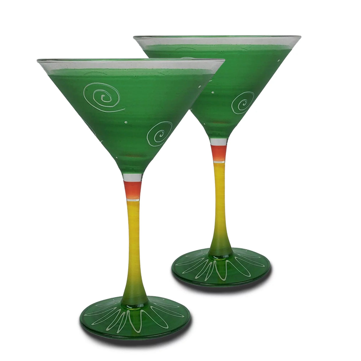 Set of 2 Green and White Hand Painted Wine Glasses 7.5 oz F95835
