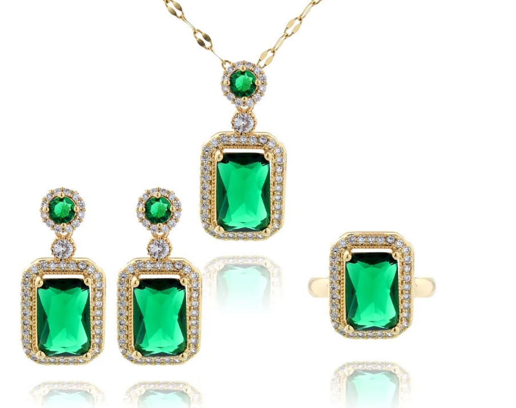 3Pcs/Set Iced Out Cubic Zirconia Green Gemstone Ring Necklace Earrings Gold Plated Jewelry Sets Q3103