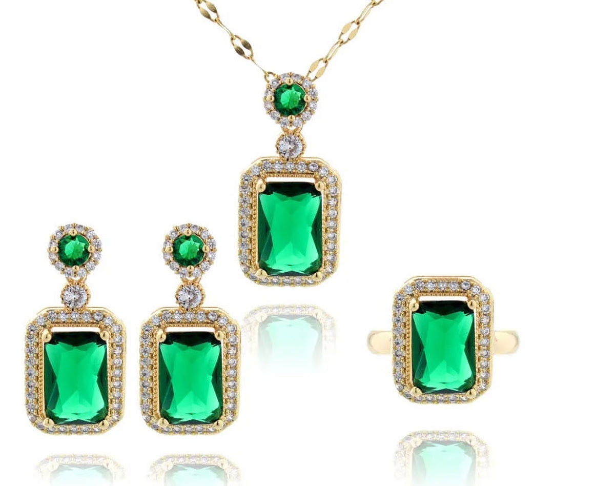 3Pcs/Set Iced Out Cubic Zirconia Green Gemstone Ring Necklace Earrings Gold Plated Jewelry Sets Q3103