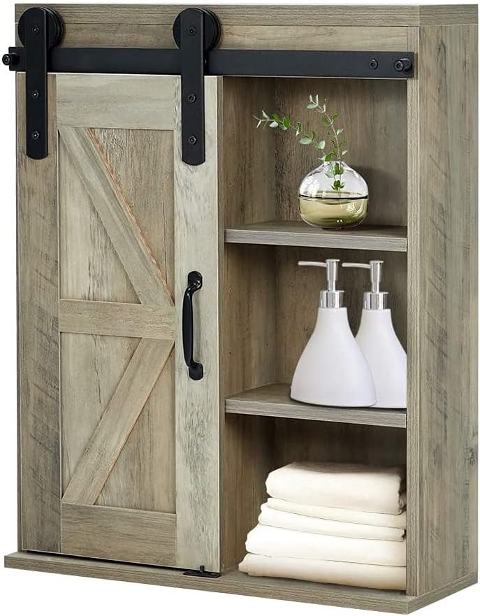 White Wood 3-Tier Wall Storage Cabinet with Sliding Barn Door M271337